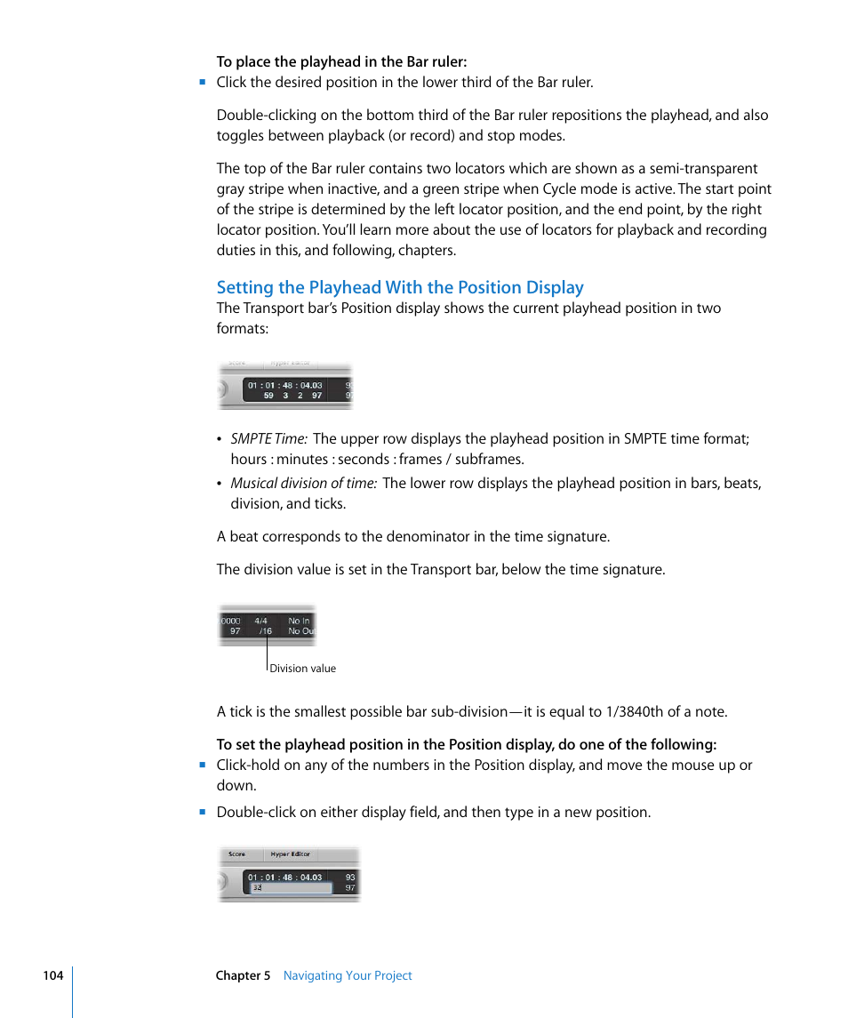 Setting the playhead with the position display | Apple Logic Express 8 User Manual | Page 104 / 1055