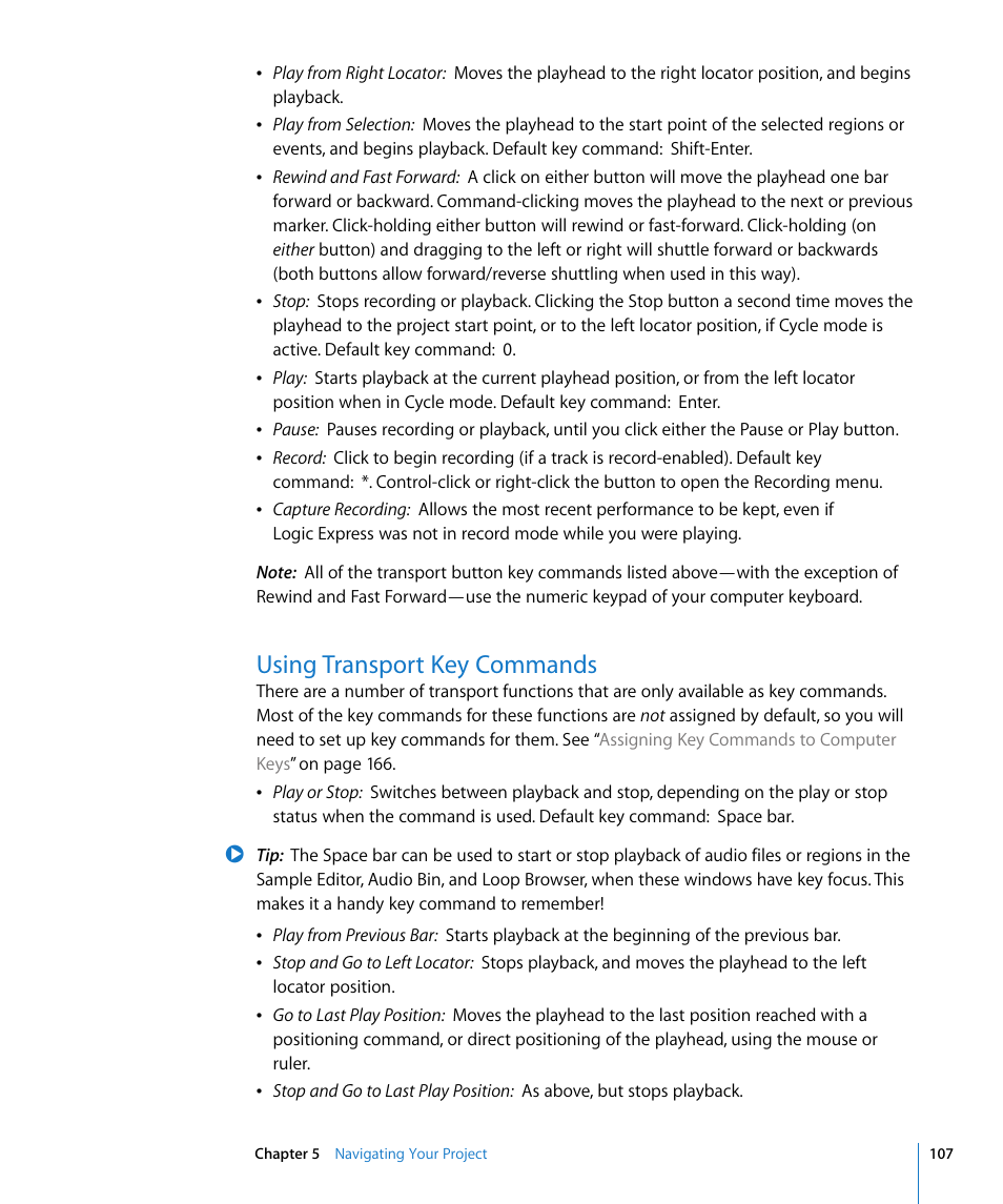 Using transport key commands | Apple Logic Express 8 User Manual | Page 107 / 1055