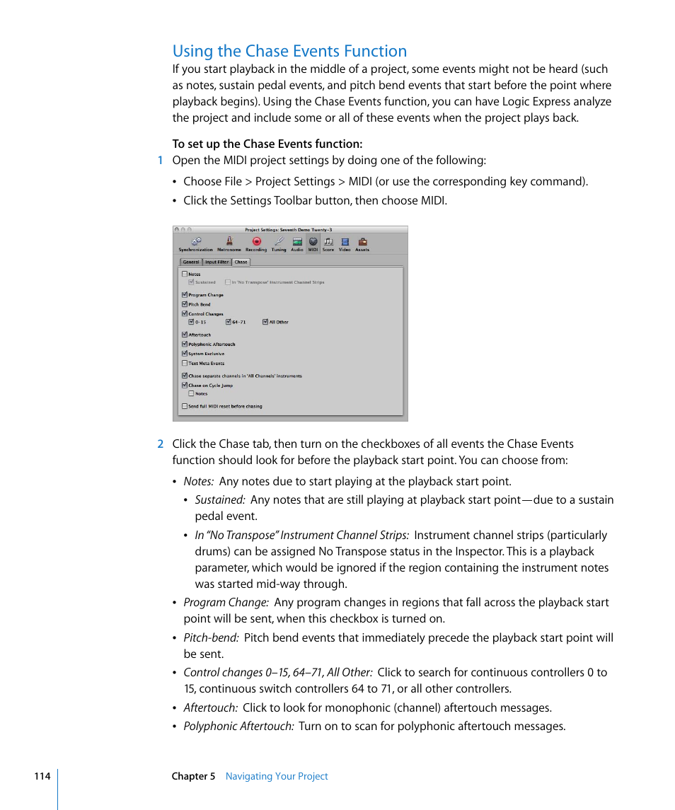 Using the chase events function | Apple Logic Express 8 User Manual | Page 114 / 1055
