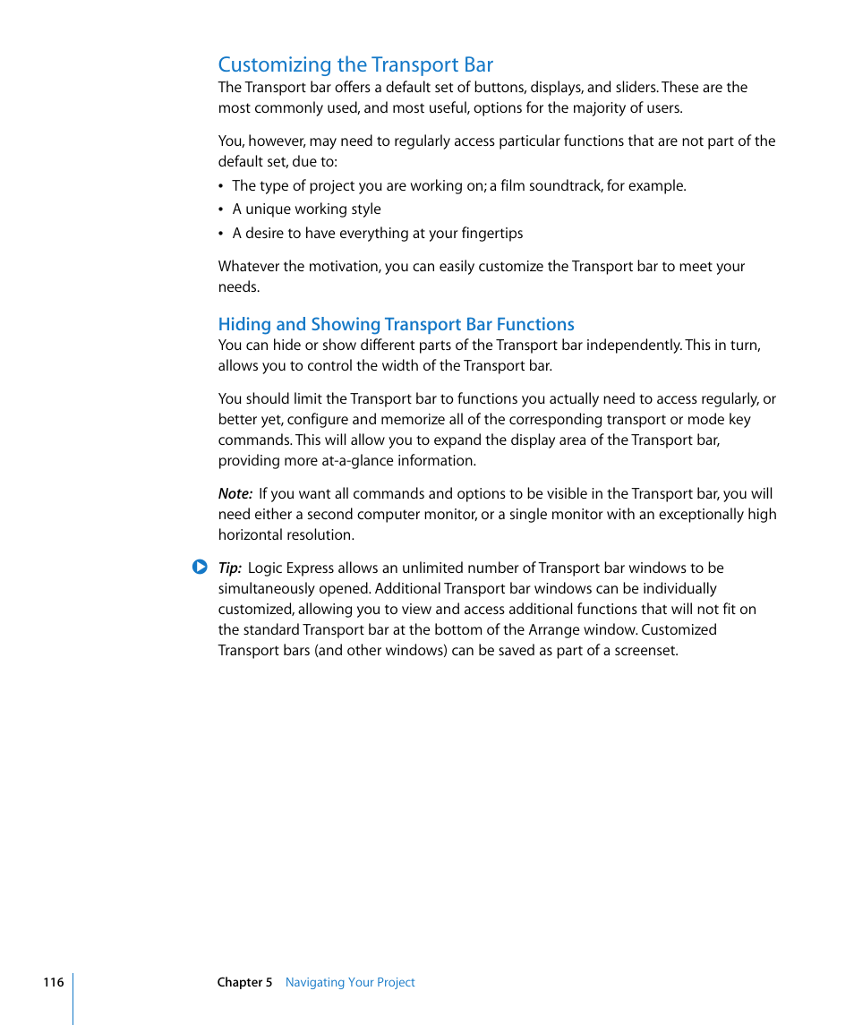 Customizing the transport bar, Hiding and showing transport bar functions | Apple Logic Express 8 User Manual | Page 116 / 1055