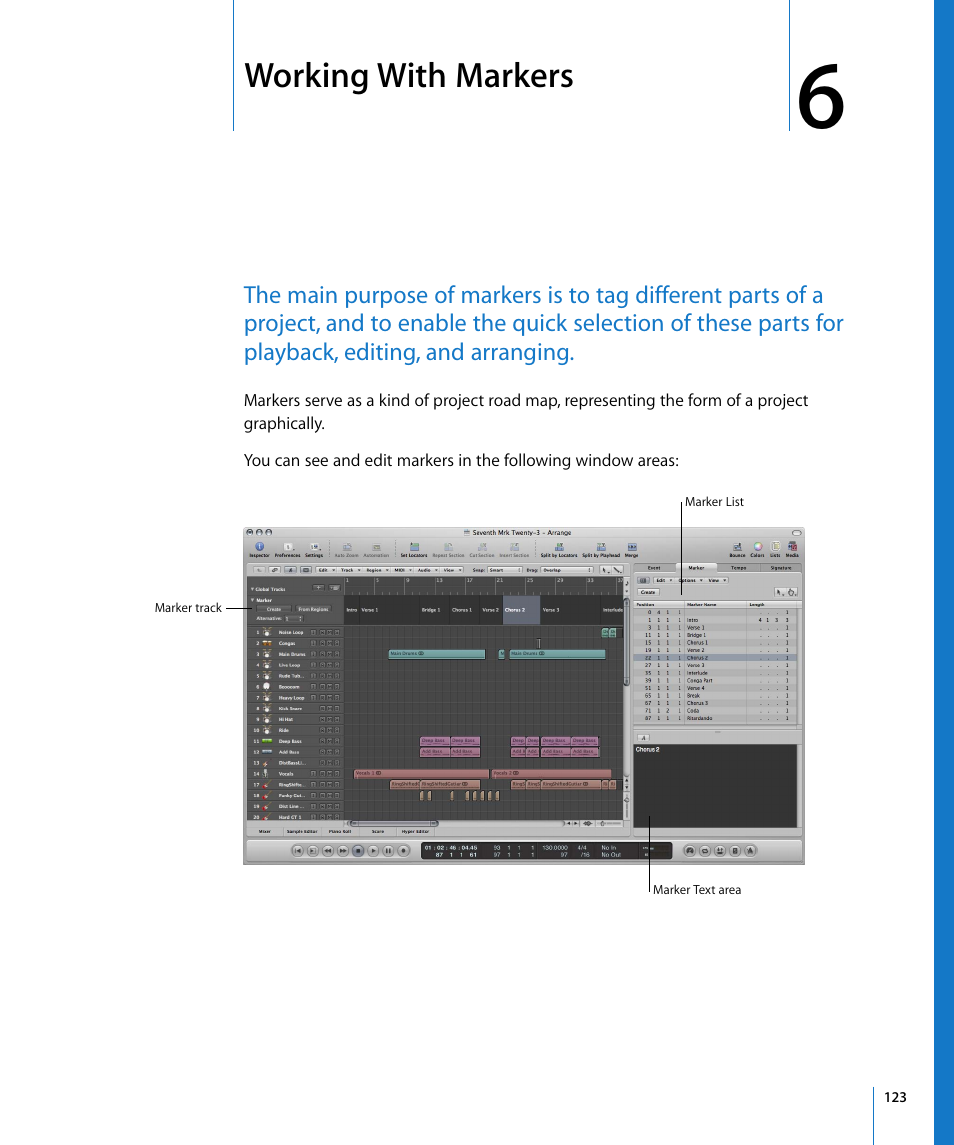 Working with markers, Chapter 6, Ound in chapter 6 | Ed in chapter 6, Working with, Markers | Apple Logic Express 8 User Manual | Page 123 / 1055