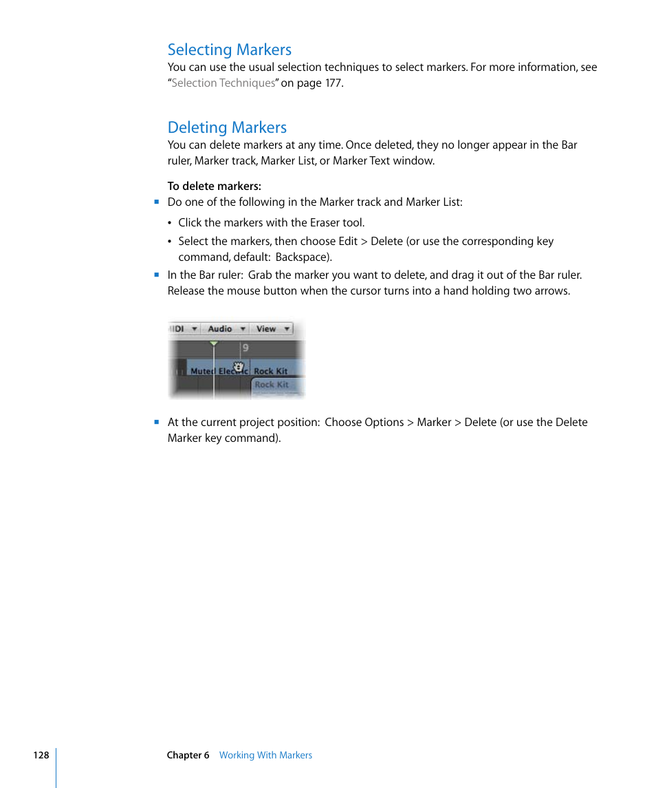 Selecting markers, Deleting markers | Apple Logic Express 8 User Manual | Page 128 / 1055