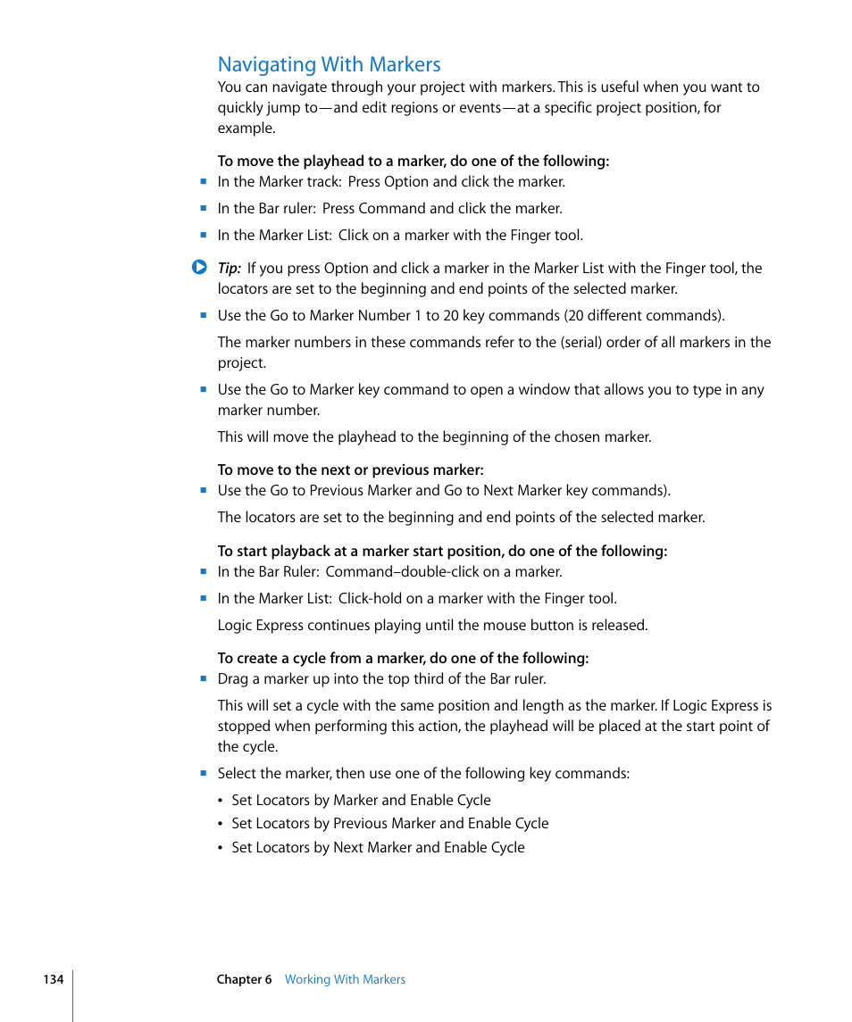 Navigating with markers | Apple Logic Express 8 User Manual | Page 134 / 1055