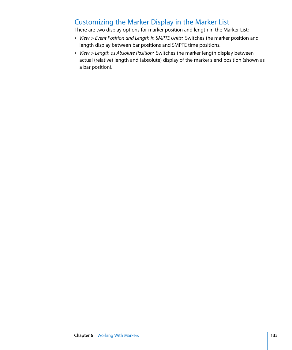Customizing the marker display in the marker list | Apple Logic Express 8 User Manual | Page 135 / 1055