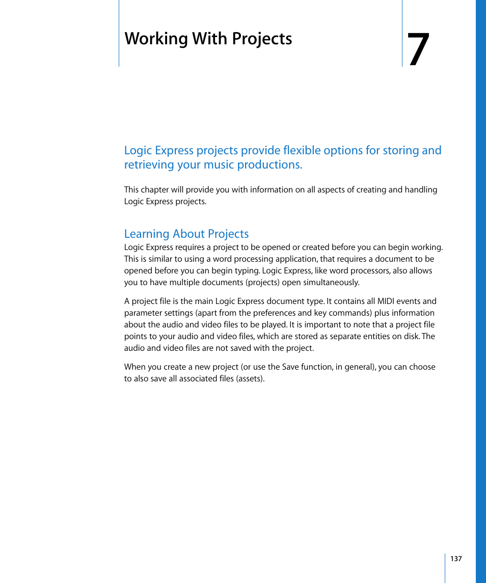 Working with projects, Learning about projects, Chapter 7 | Apple Logic Express 8 User Manual | Page 137 / 1055