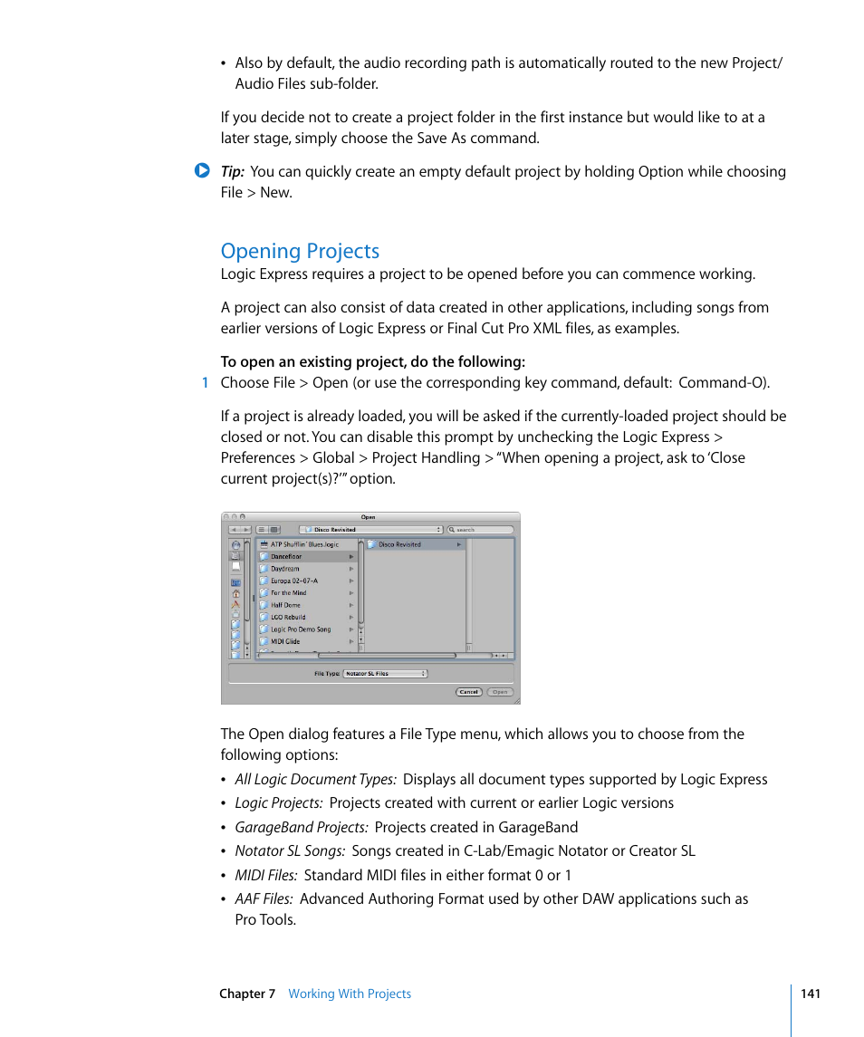 Opening projects | Apple Logic Express 8 User Manual | Page 141 / 1055