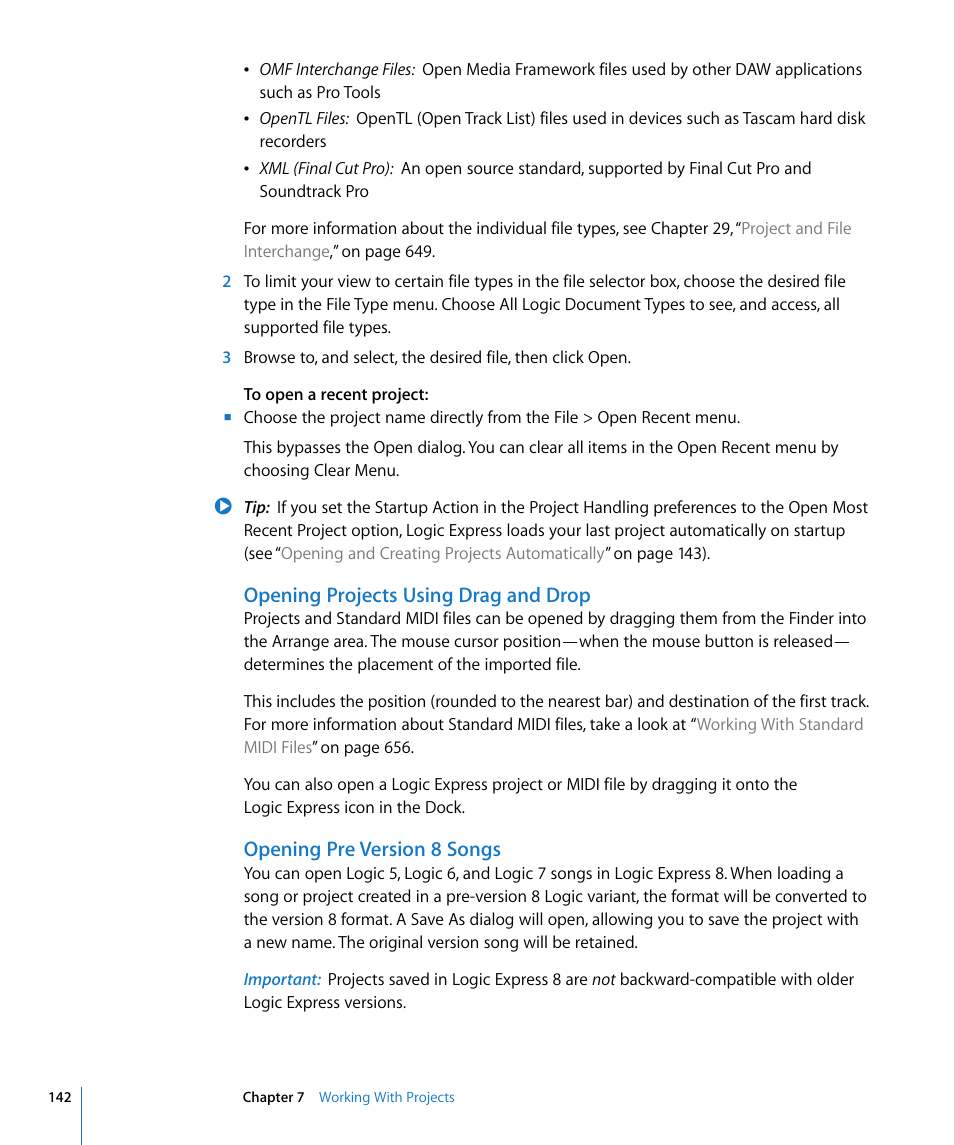 Opening projects using drag and drop, Opening pre version 8 songs | Apple Logic Express 8 User Manual | Page 142 / 1055