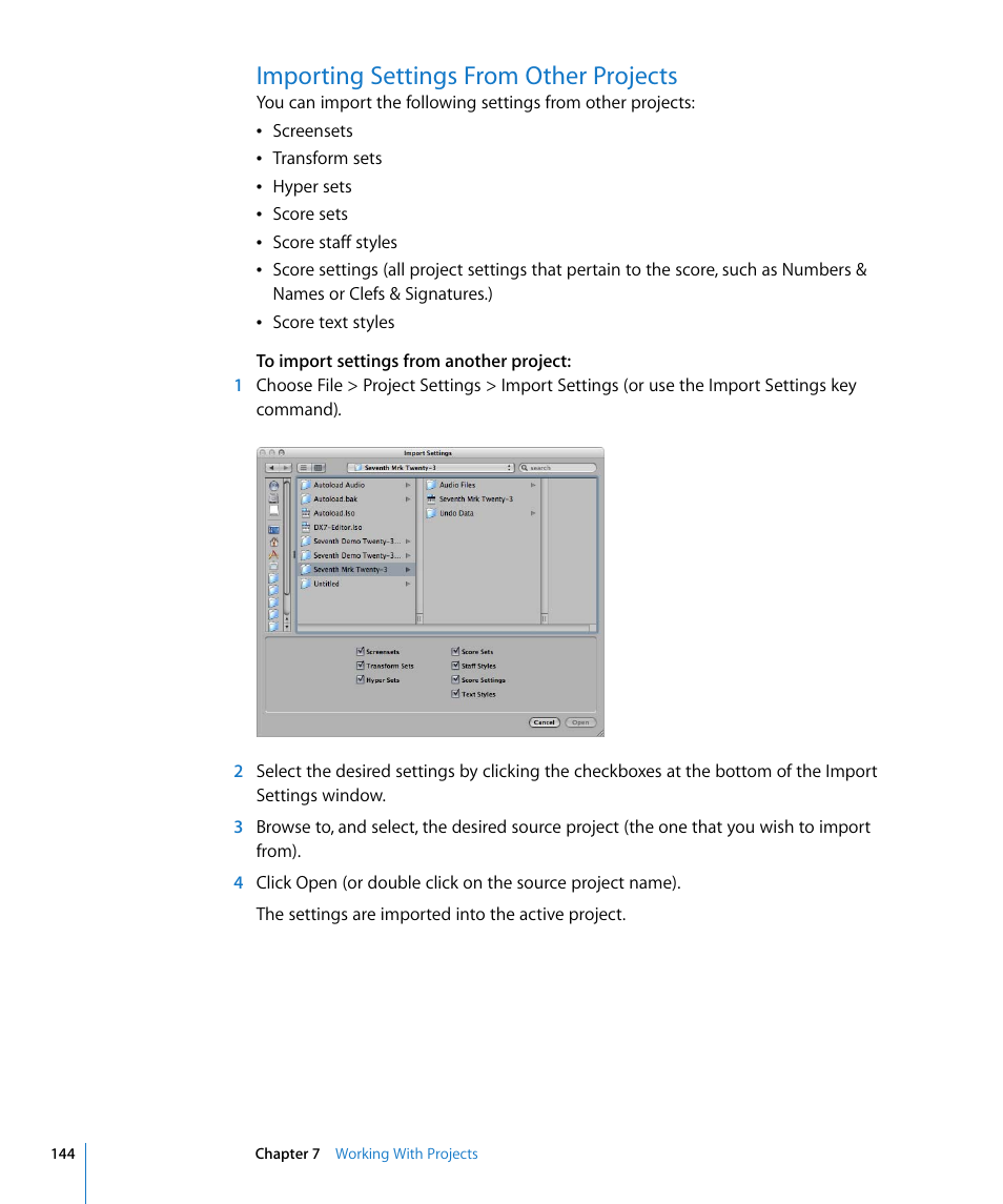 Importing settings from other projects | Apple Logic Express 8 User Manual | Page 144 / 1055