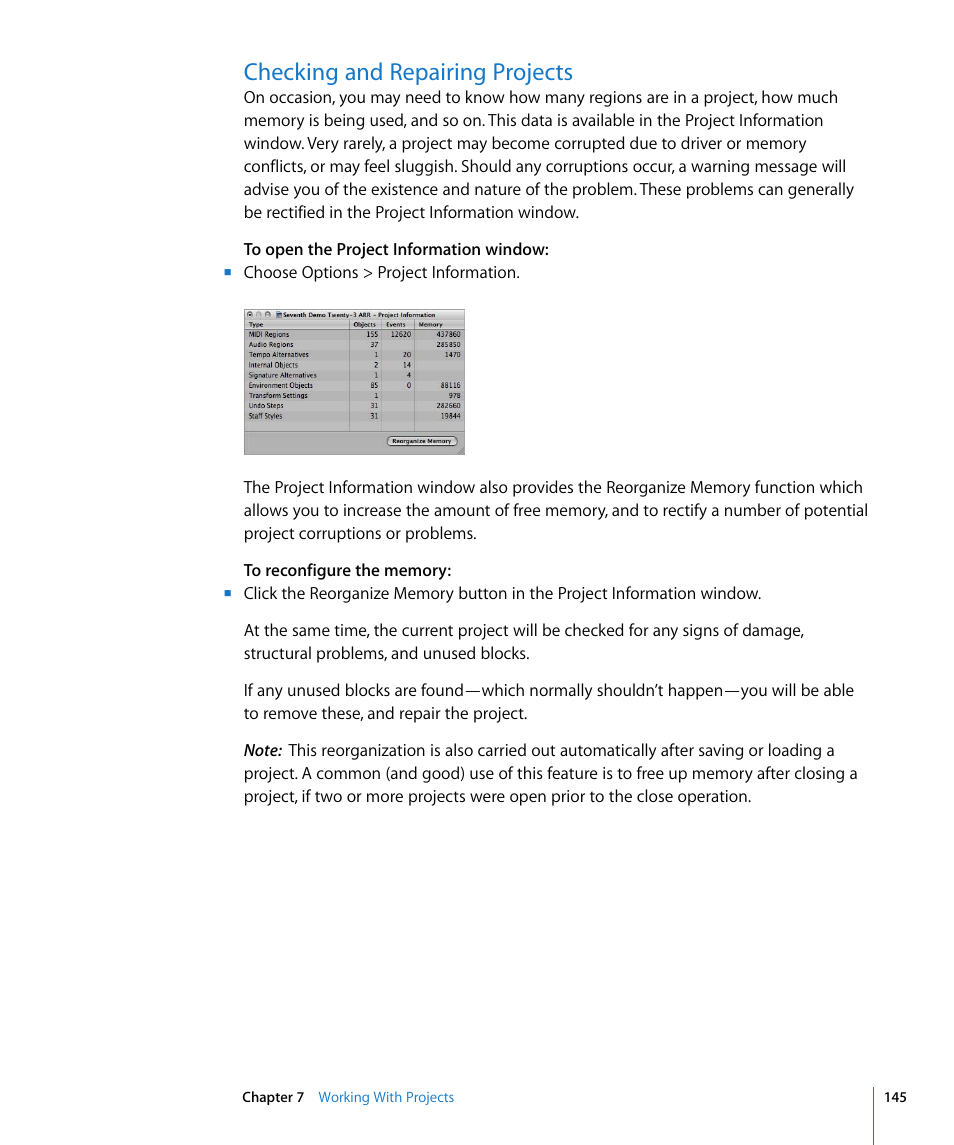 Checking and repairing projects | Apple Logic Express 8 User Manual | Page 145 / 1055