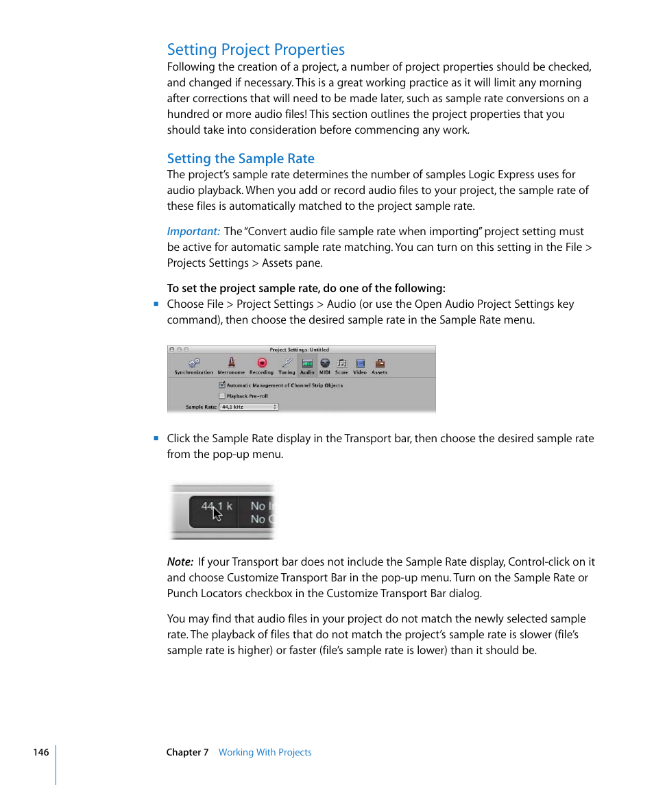Setting project properties, Setting the sample rate | Apple Logic Express 8 User Manual | Page 146 / 1055