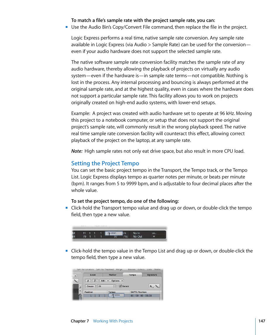 Setting the project tempo | Apple Logic Express 8 User Manual | Page 147 / 1055