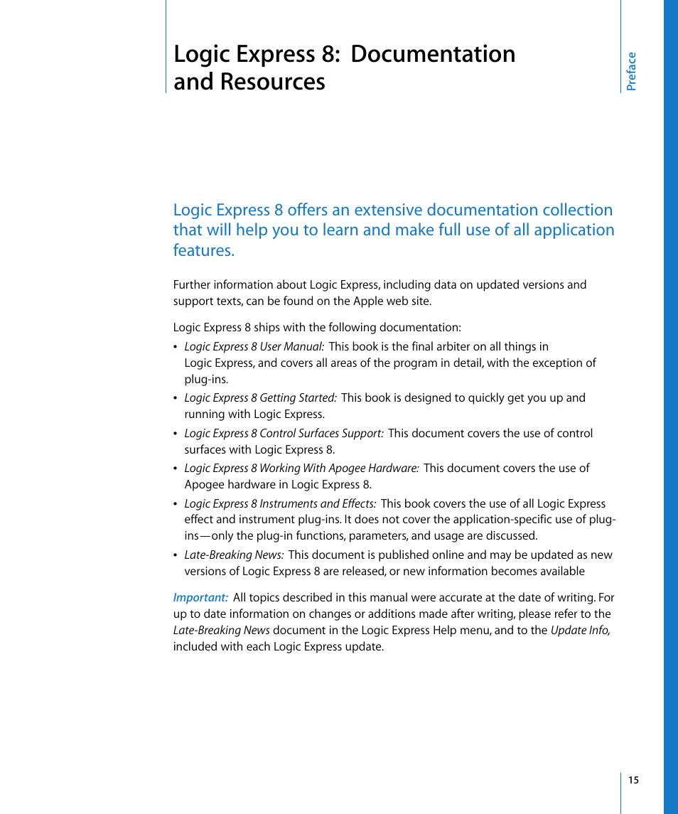 Logic express 8: documentation and resources, Preface | Apple Logic Express 8 User Manual | Page 15 / 1055