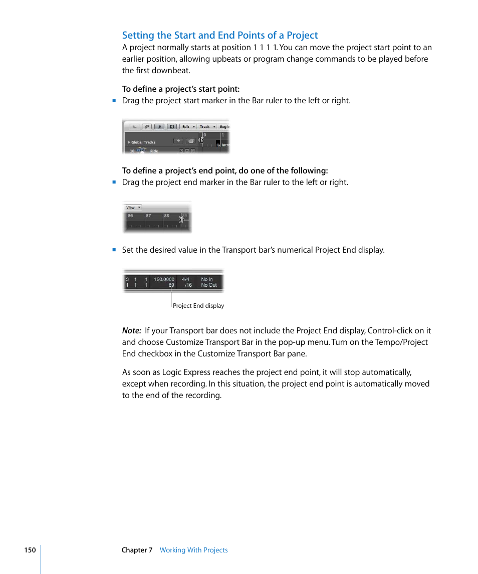 Setting the start and end points of a project | Apple Logic Express 8 User Manual | Page 150 / 1055