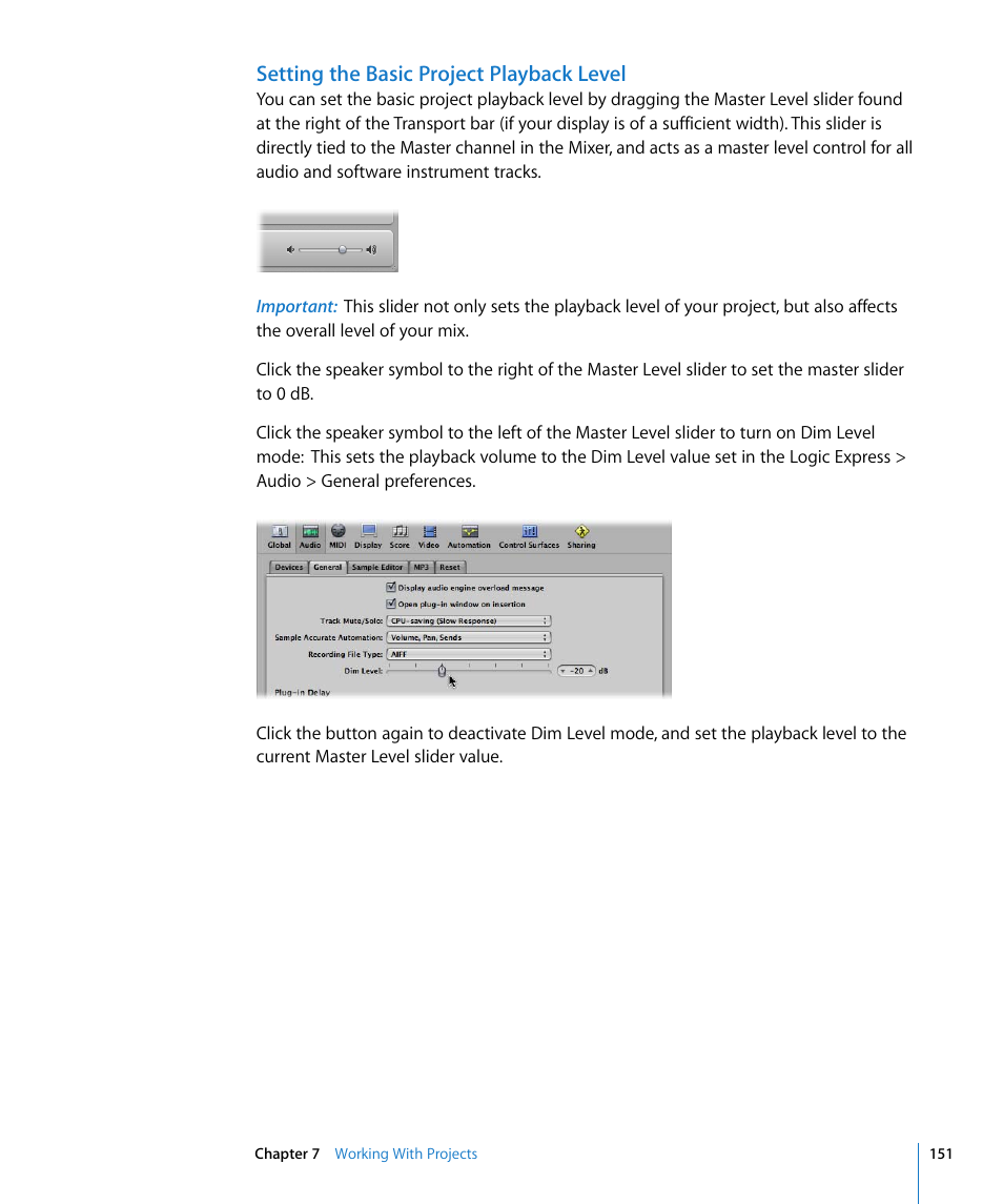 Setting the basic project playback level | Apple Logic Express 8 User Manual | Page 151 / 1055
