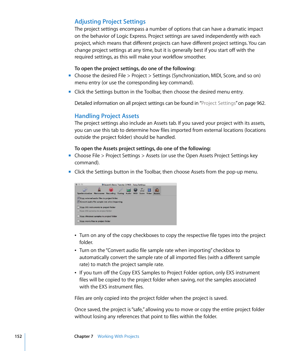 Adjusting project settings, Handling project assets, Older (see | Ound in | Apple Logic Express 8 User Manual | Page 152 / 1055