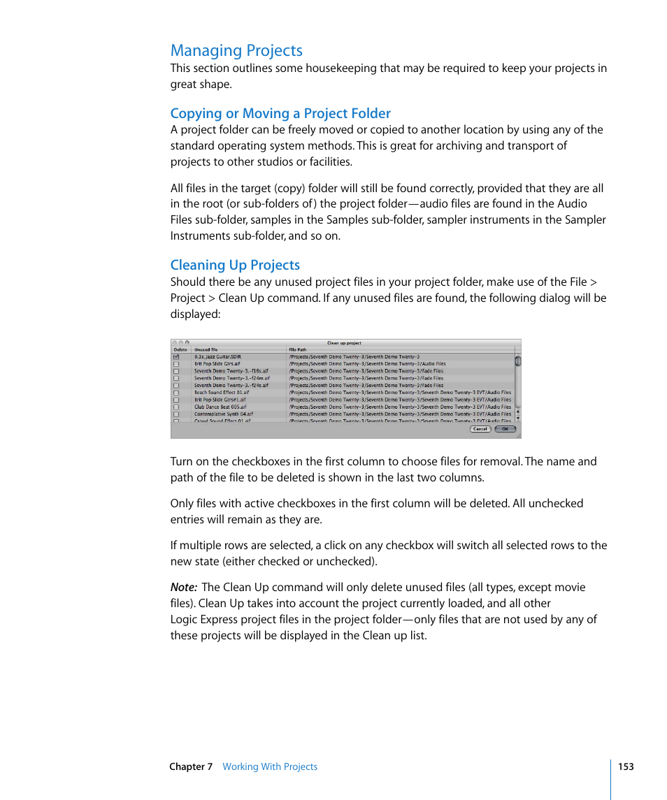 Managing projects, Copying or moving a project folder, Cleaning up projects | Apple Logic Express 8 User Manual | Page 153 / 1055