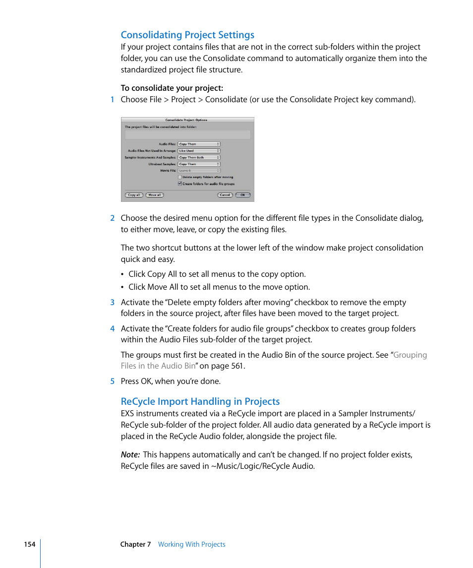 Consolidating project settings, Recycle import handling in projects | Apple Logic Express 8 User Manual | Page 154 / 1055