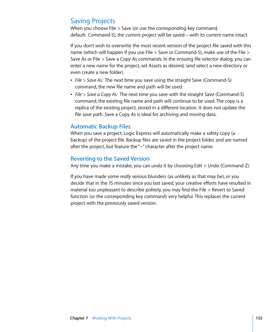 Saving projects, Automatic backup files, Reverting to the saved version | Apple Logic Express 8 User Manual | Page 155 / 1055