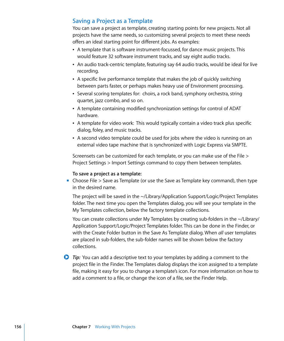 Saving a project as a template | Apple Logic Express 8 User Manual | Page 156 / 1055