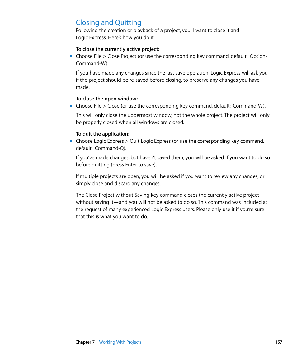 Closing and quitting | Apple Logic Express 8 User Manual | Page 157 / 1055