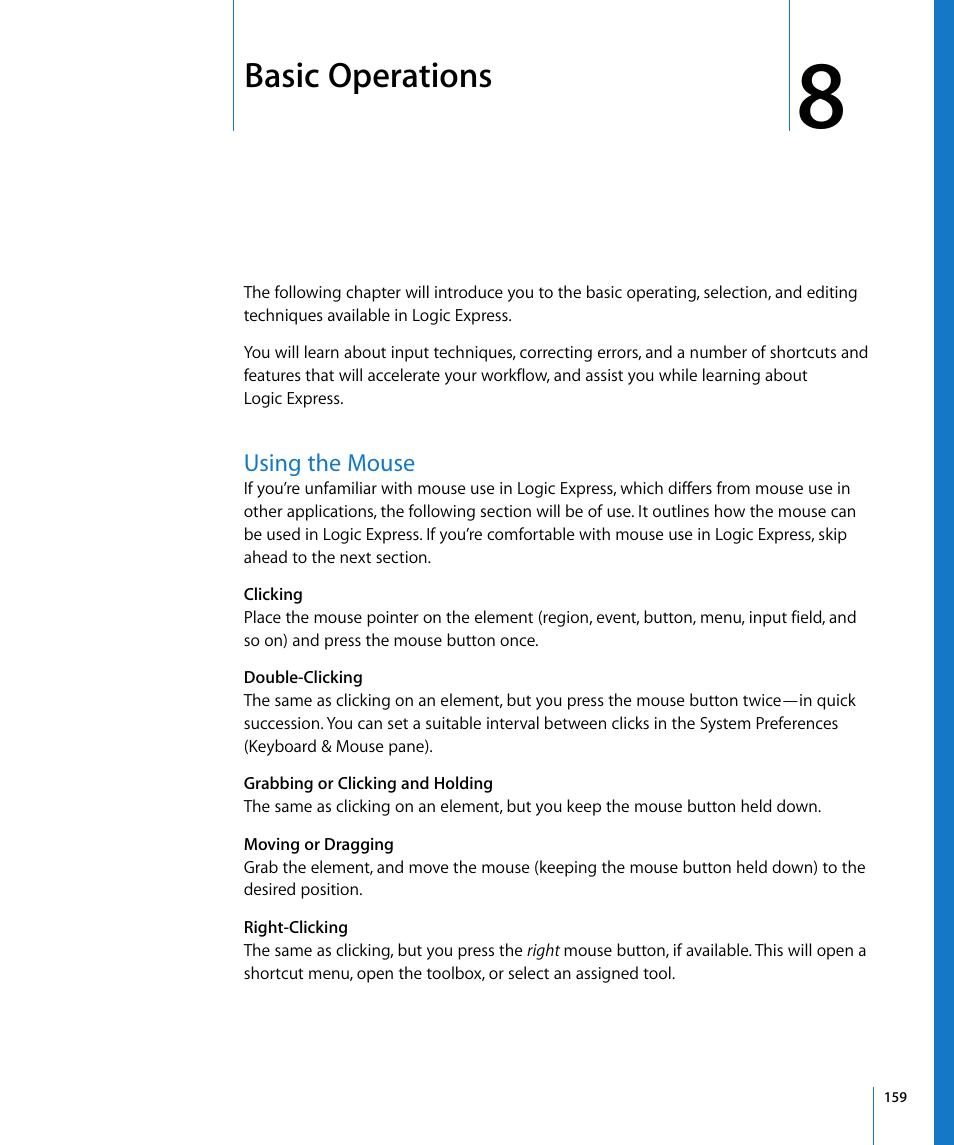 Basic operations, Using the mouse, Chapter 8 | Apple Logic Express 8 User Manual | Page 159 / 1055