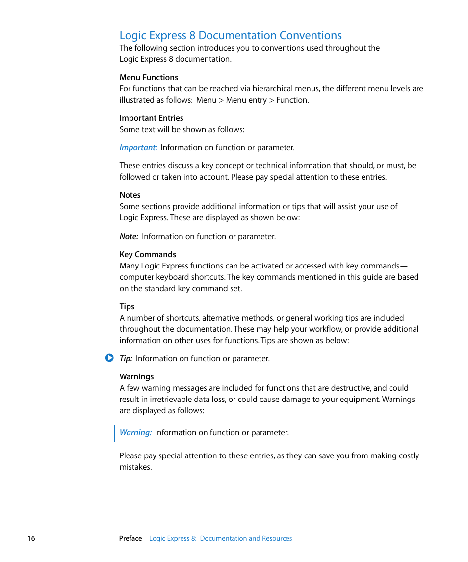 Logic express 8 documentation conventions | Apple Logic Express 8 User Manual | Page 16 / 1055
