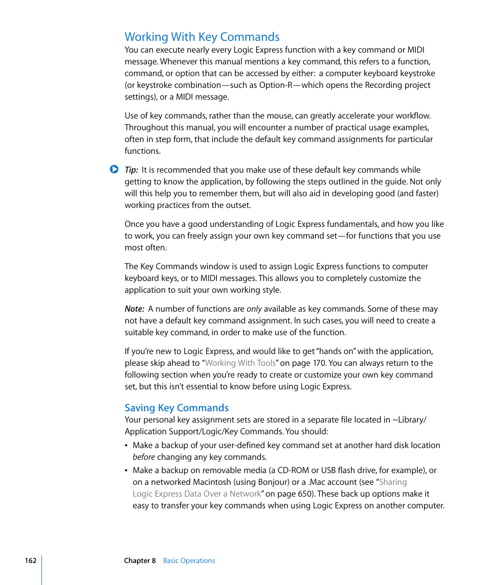 Working with key commands, Saving key commands | Apple Logic Express 8 User Manual | Page 162 / 1055