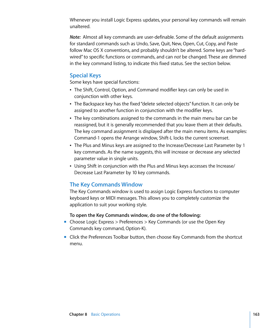 Special keys, The key commands window | Apple Logic Express 8 User Manual | Page 163 / 1055