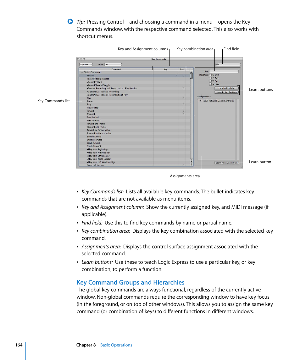 Key command groups and hierarchies | Apple Logic Express 8 User Manual | Page 164 / 1055