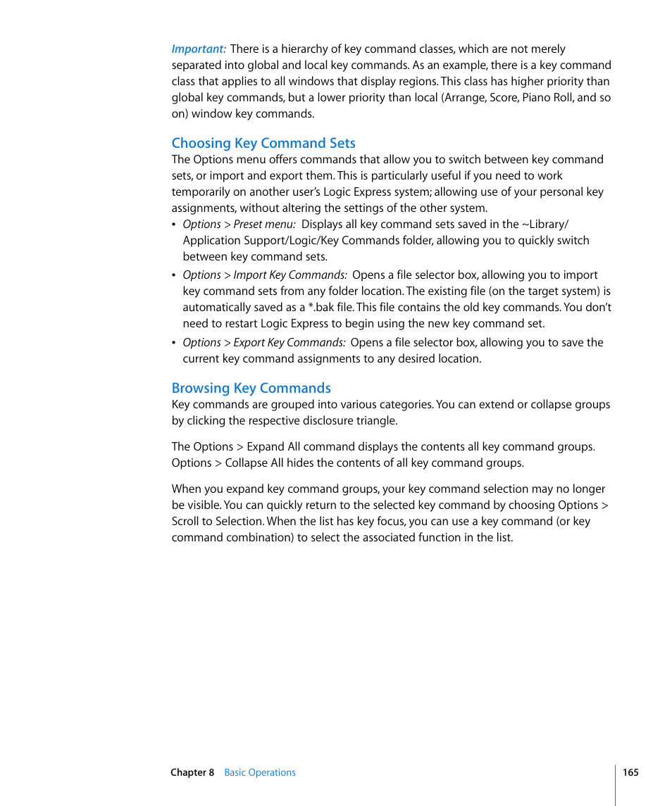 Choosing key command sets, Browsing key commands | Apple Logic Express 8 User Manual | Page 165 / 1055