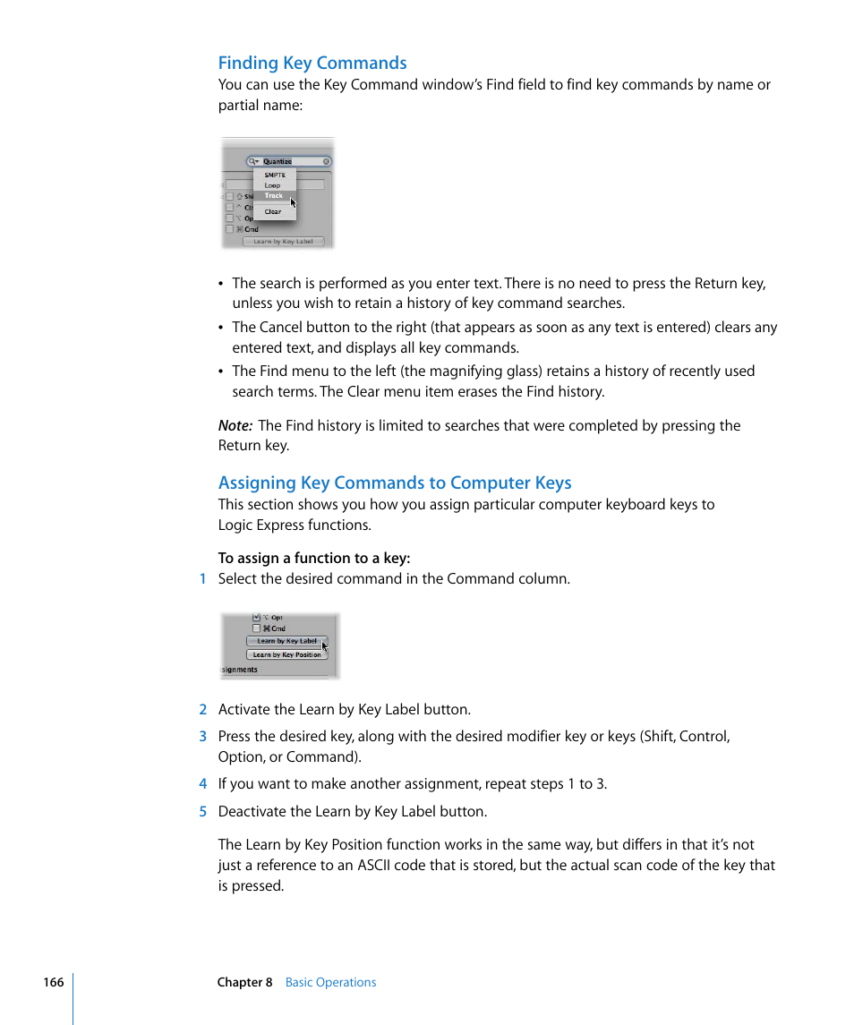 Finding key commands, Assigning key commands to computer keys, Assigning key commands to computer | Keys | Apple Logic Express 8 User Manual | Page 166 / 1055
