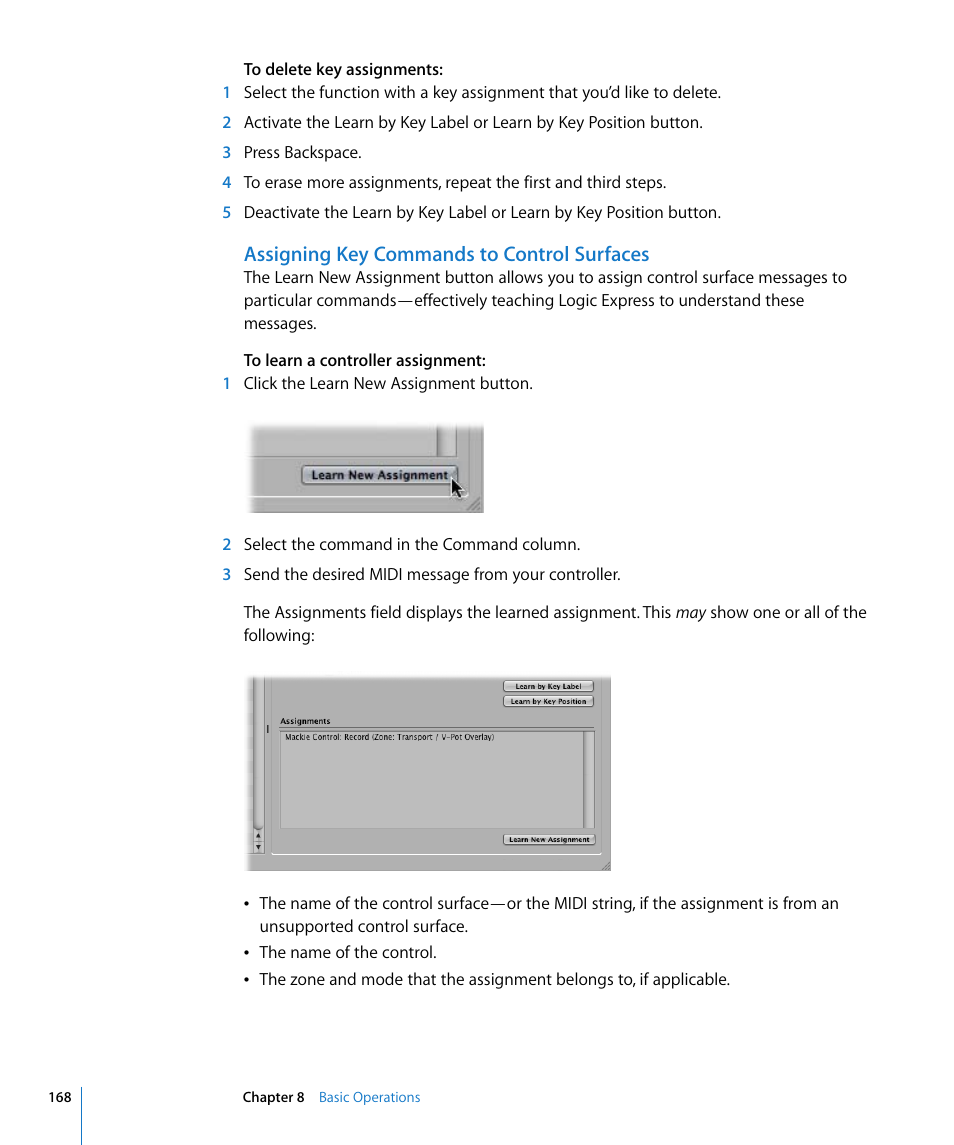 Assigning key commands to control surfaces | Apple Logic Express 8 User Manual | Page 168 / 1055
