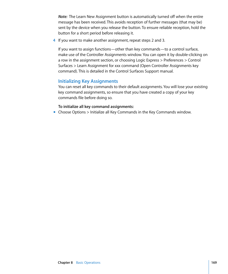 Initializing key assignments | Apple Logic Express 8 User Manual | Page 169 / 1055