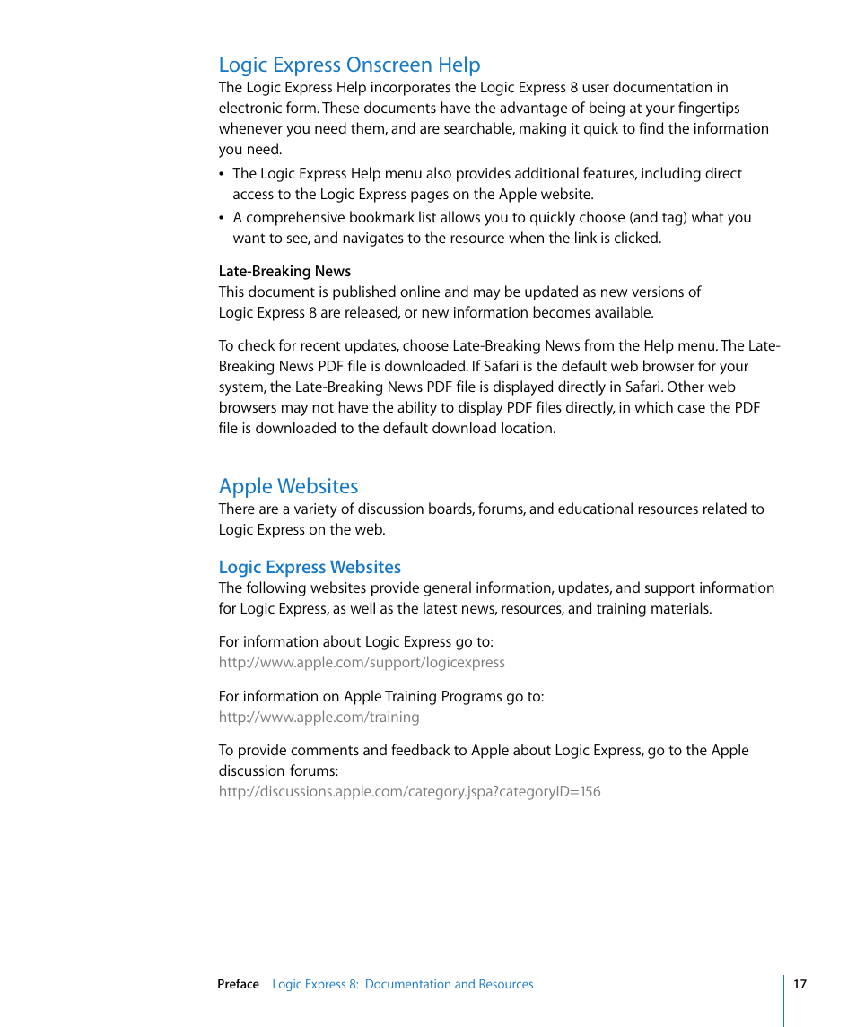 Logic express onscreen help, Apple websites, Logic express websites | Apple Logic Express 8 User Manual | Page 17 / 1055