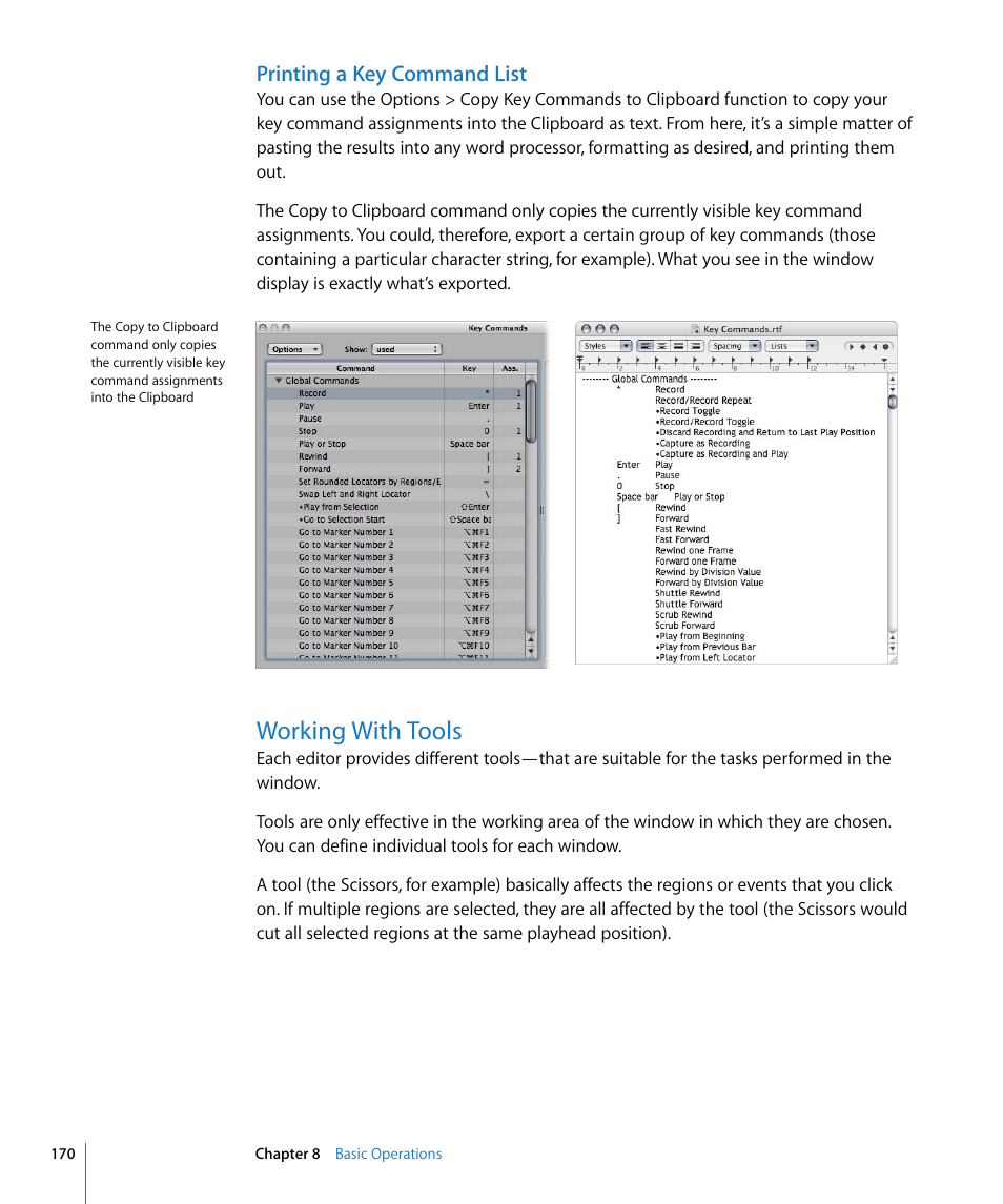Printing a key command list, Working with tools | Apple Logic Express 8 User Manual | Page 170 / 1055