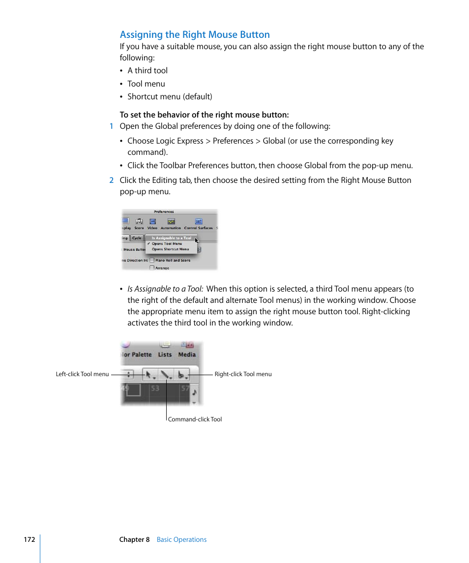 Assigning the right mouse button | Apple Logic Express 8 User Manual | Page 172 / 1055