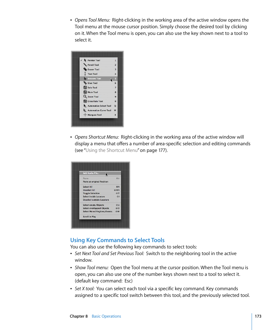 Using key commands to select tools | Apple Logic Express 8 User Manual | Page 173 / 1055