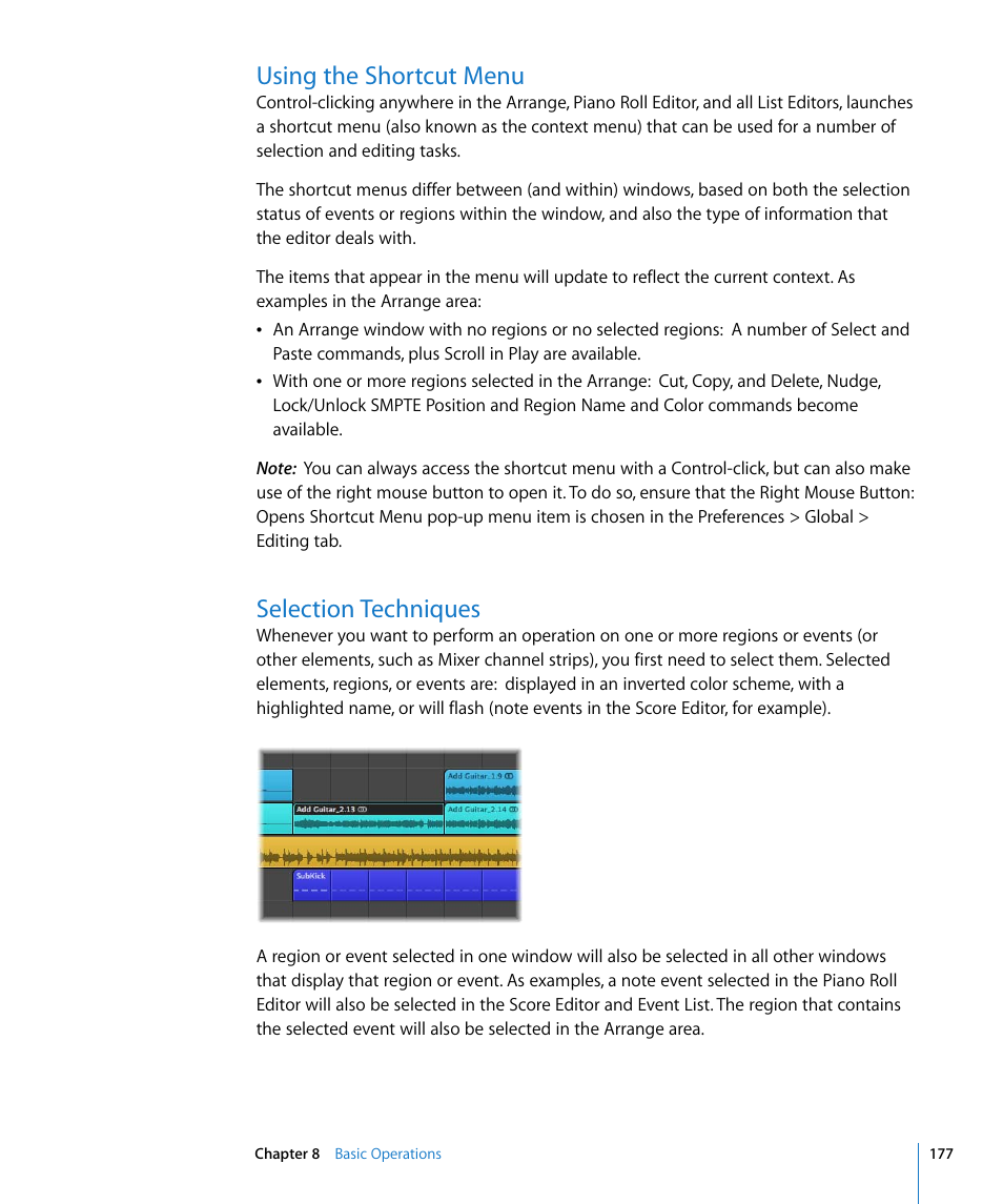 Using the shortcut menu, Selection techniques | Apple Logic Express 8 User Manual | Page 177 / 1055