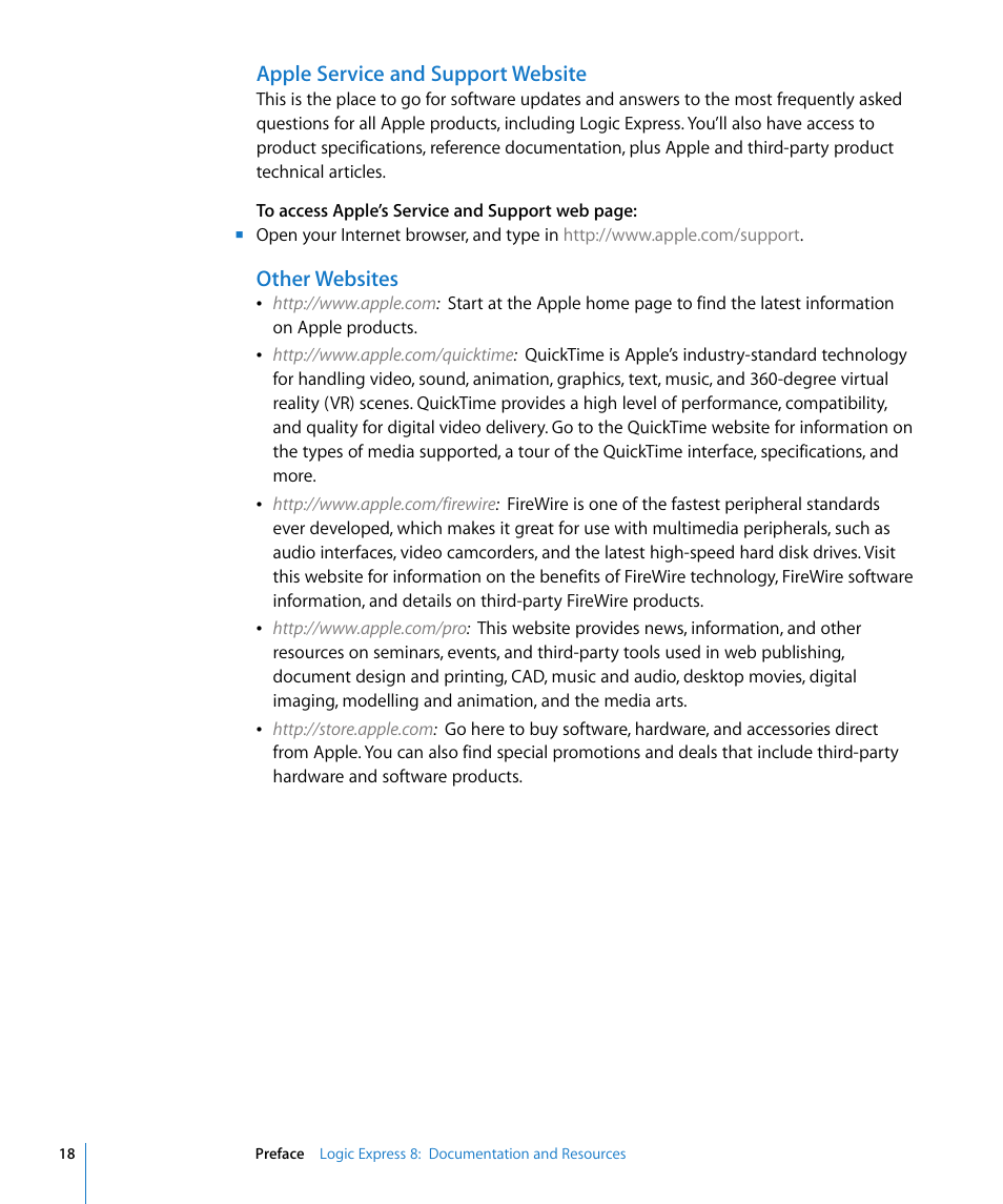 Apple service and support website, Other websites | Apple Logic Express 8 User Manual | Page 18 / 1055