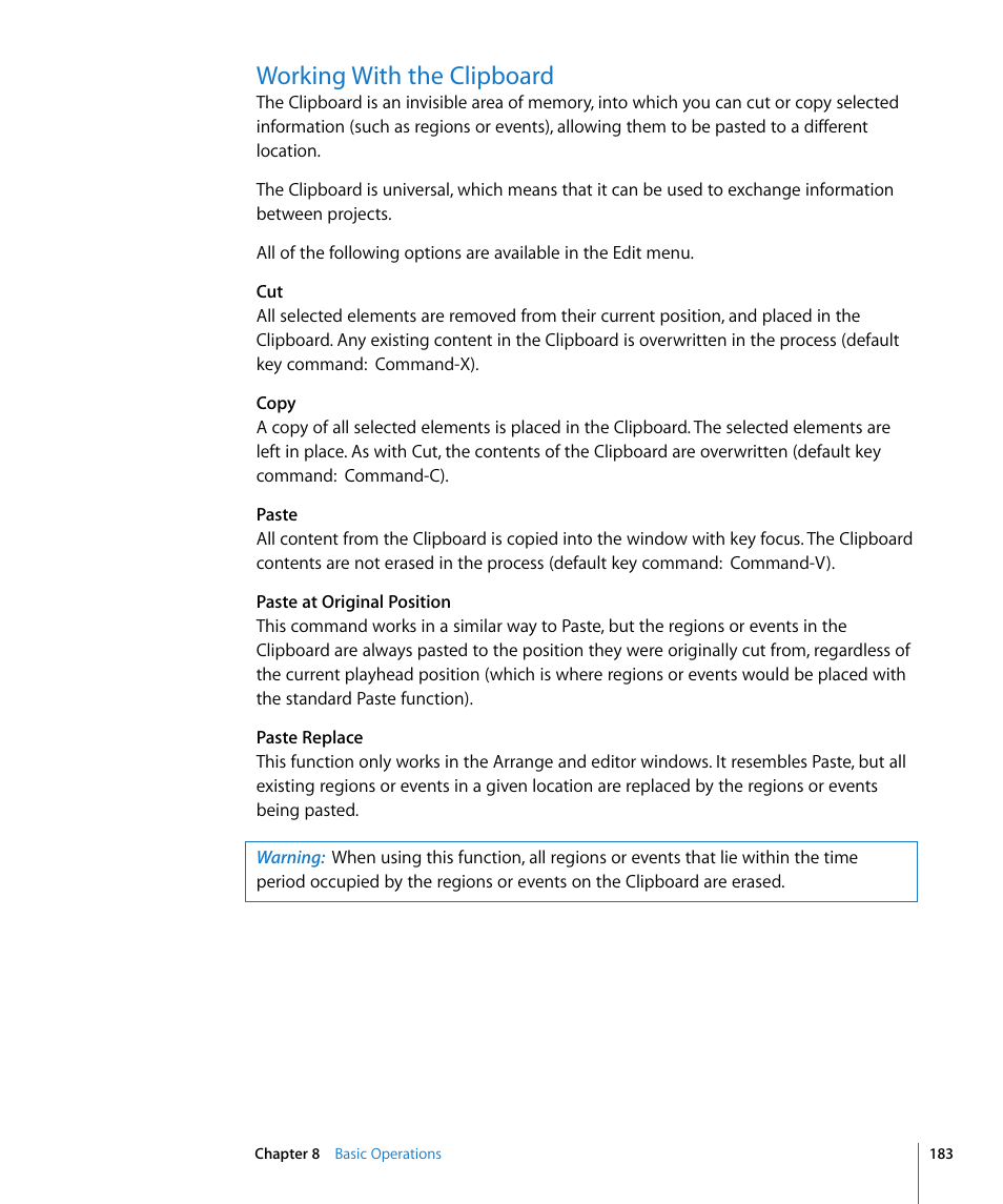 Working with the clipboard | Apple Logic Express 8 User Manual | Page 183 / 1055