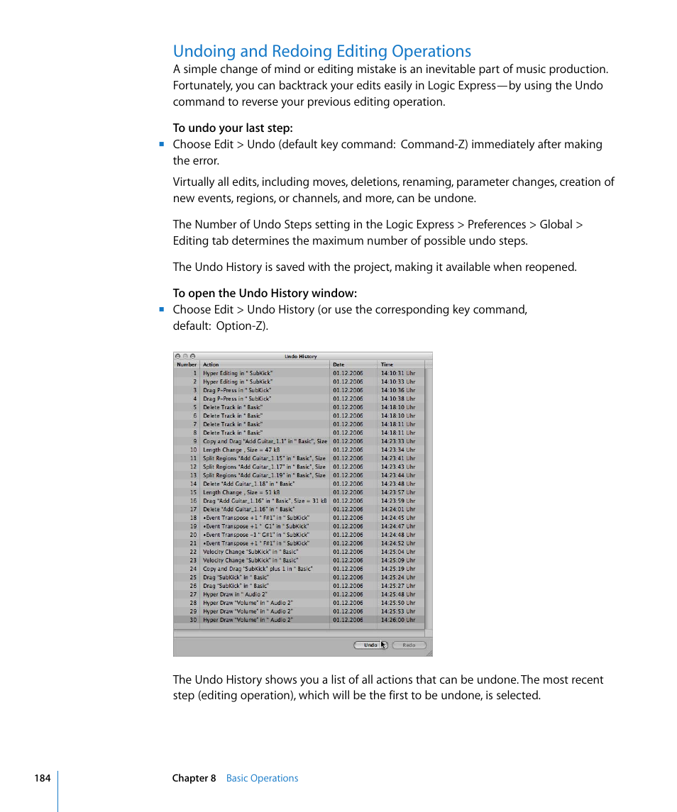 Undoing and redoing editing operations | Apple Logic Express 8 User Manual | Page 184 / 1055