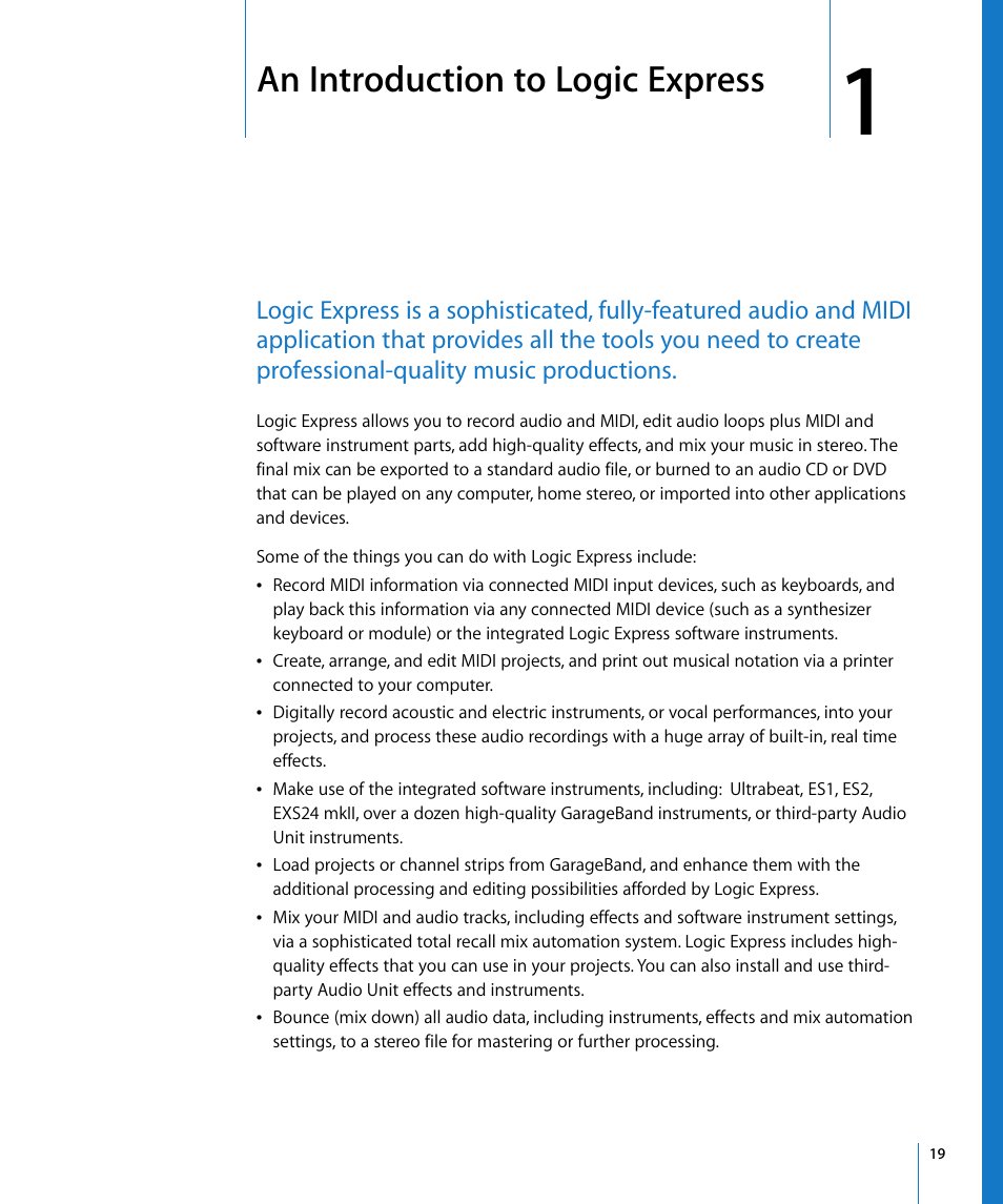 An introduction to logic express, Chapter 1 | Apple Logic Express 8 User Manual | Page 19 / 1055