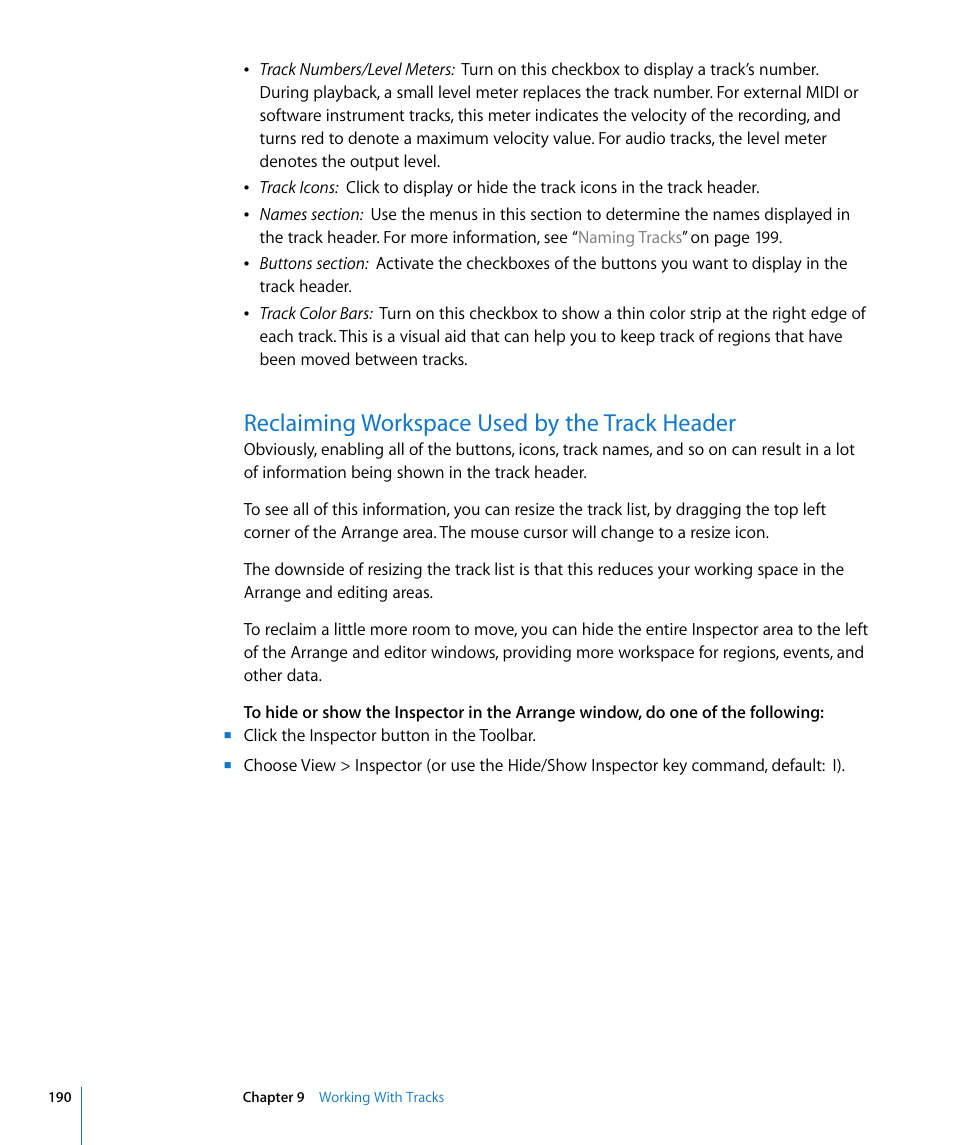 Reclaiming workspace used by the track header | Apple Logic Express 8 User Manual | Page 190 / 1055