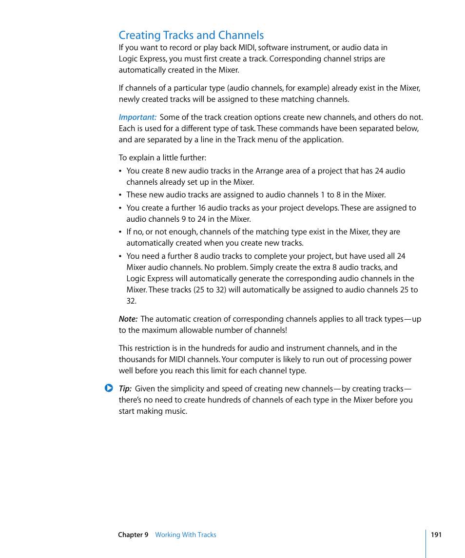 Creating tracks and channels | Apple Logic Express 8 User Manual | Page 191 / 1055