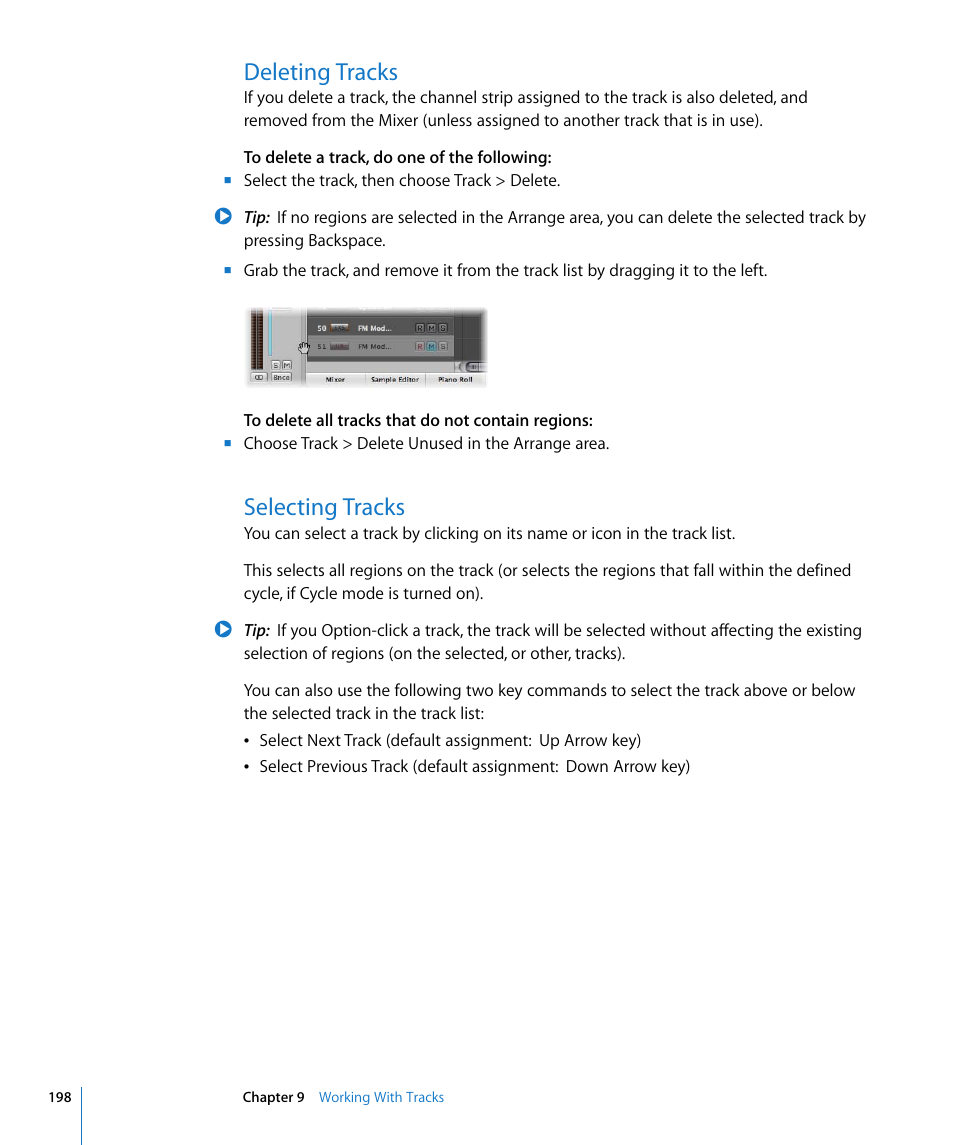 Deleting tracks, Selecting tracks | Apple Logic Express 8 User Manual | Page 198 / 1055