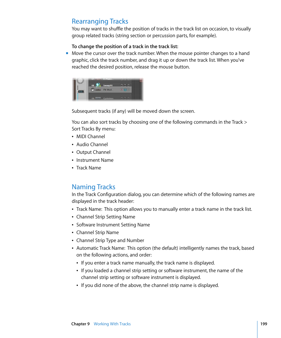 Rearranging tracks, Naming tracks | Apple Logic Express 8 User Manual | Page 199 / 1055