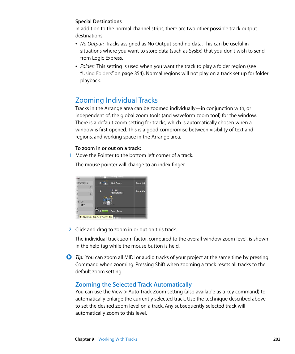 Zooming individual tracks, Zooming the selected track automatically | Apple Logic Express 8 User Manual | Page 203 / 1055
