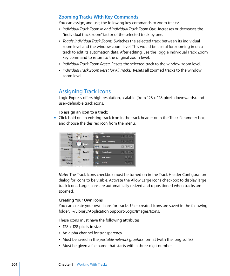 Zooming tracks with key commands, Assigning track icons | Apple Logic Express 8 User Manual | Page 204 / 1055