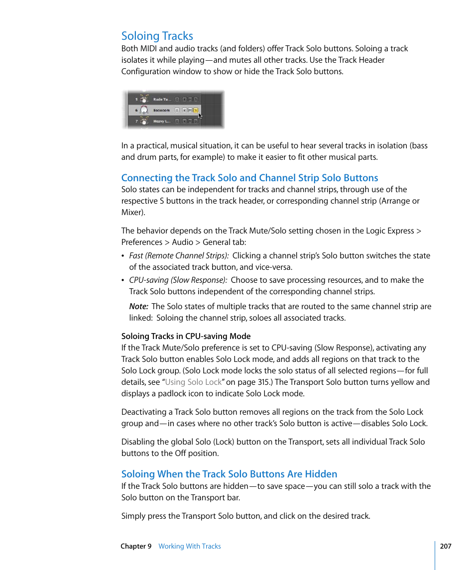 Soloing tracks, Soloing when the track solo buttons are hidden | Apple Logic Express 8 User Manual | Page 207 / 1055
