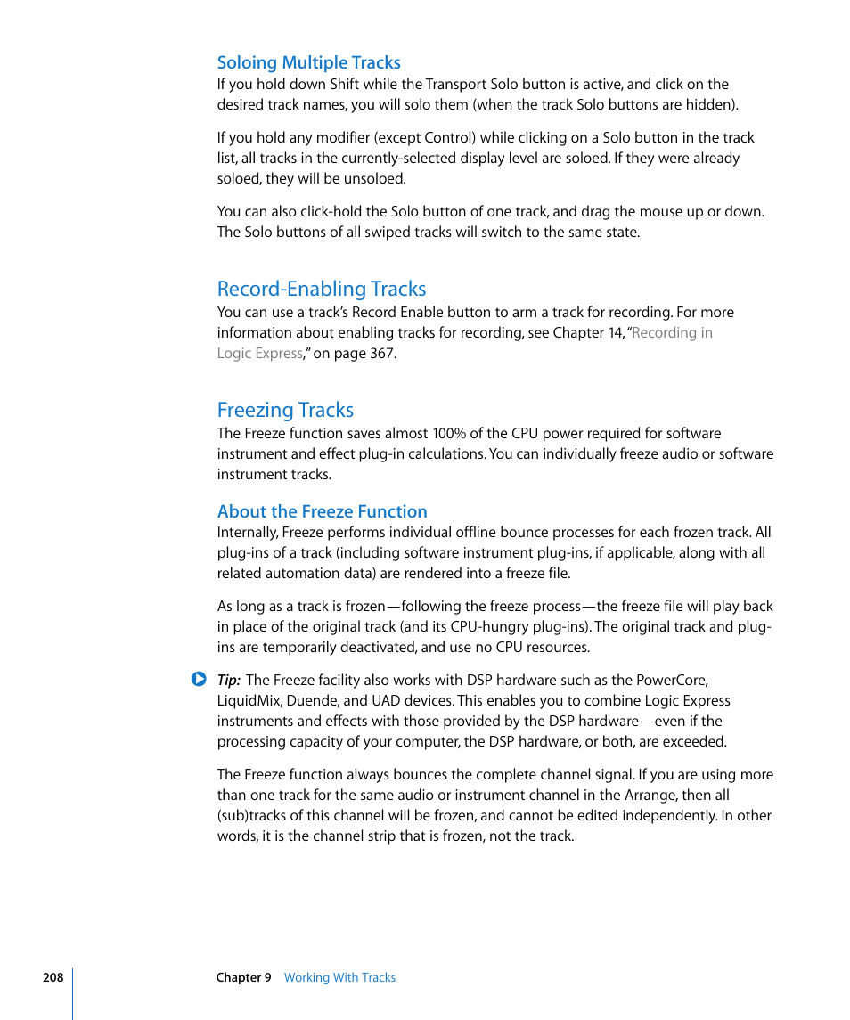Soloing multiple tracks, Record-enabling tracks, Freezing tracks | About the freeze function | Apple Logic Express 8 User Manual | Page 208 / 1055
